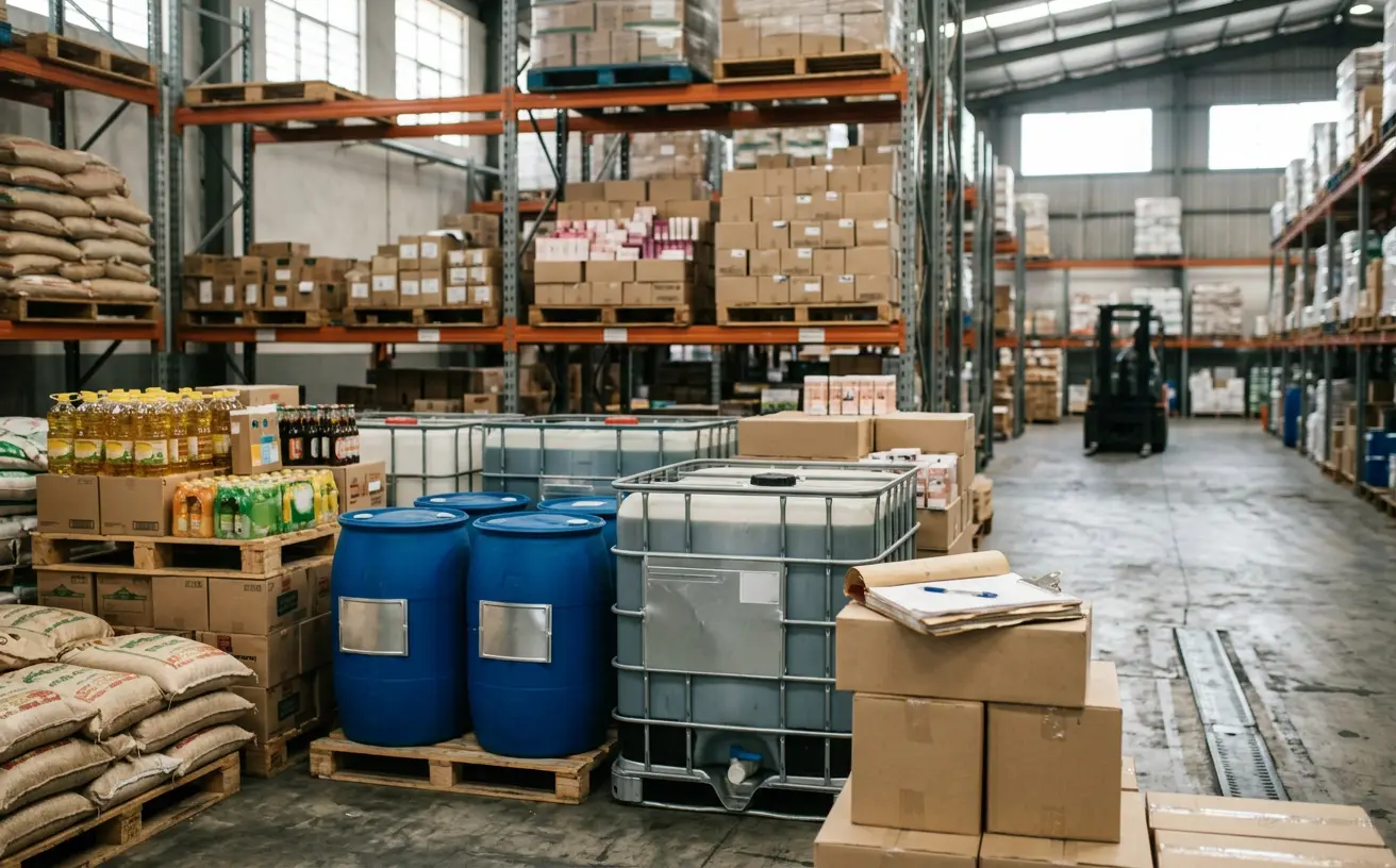 Sacks of rice, bottled cooking oil and drinks, lubricant drums and IBC totes in a bonded warehouse, with a document folder on a carton