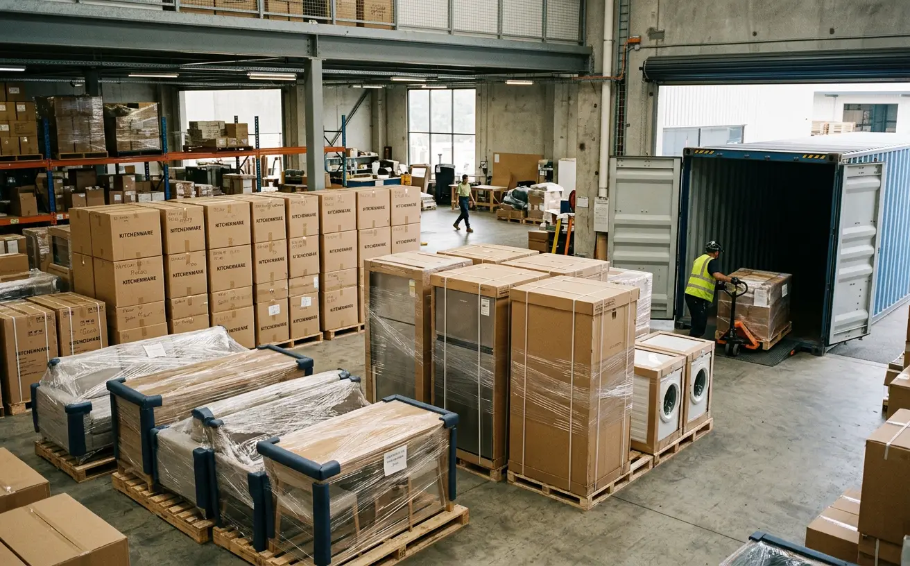 Wrapped furniture and palletised fridges and washing machines in a consolidation warehouse, beside an open 40 ft high-cube container