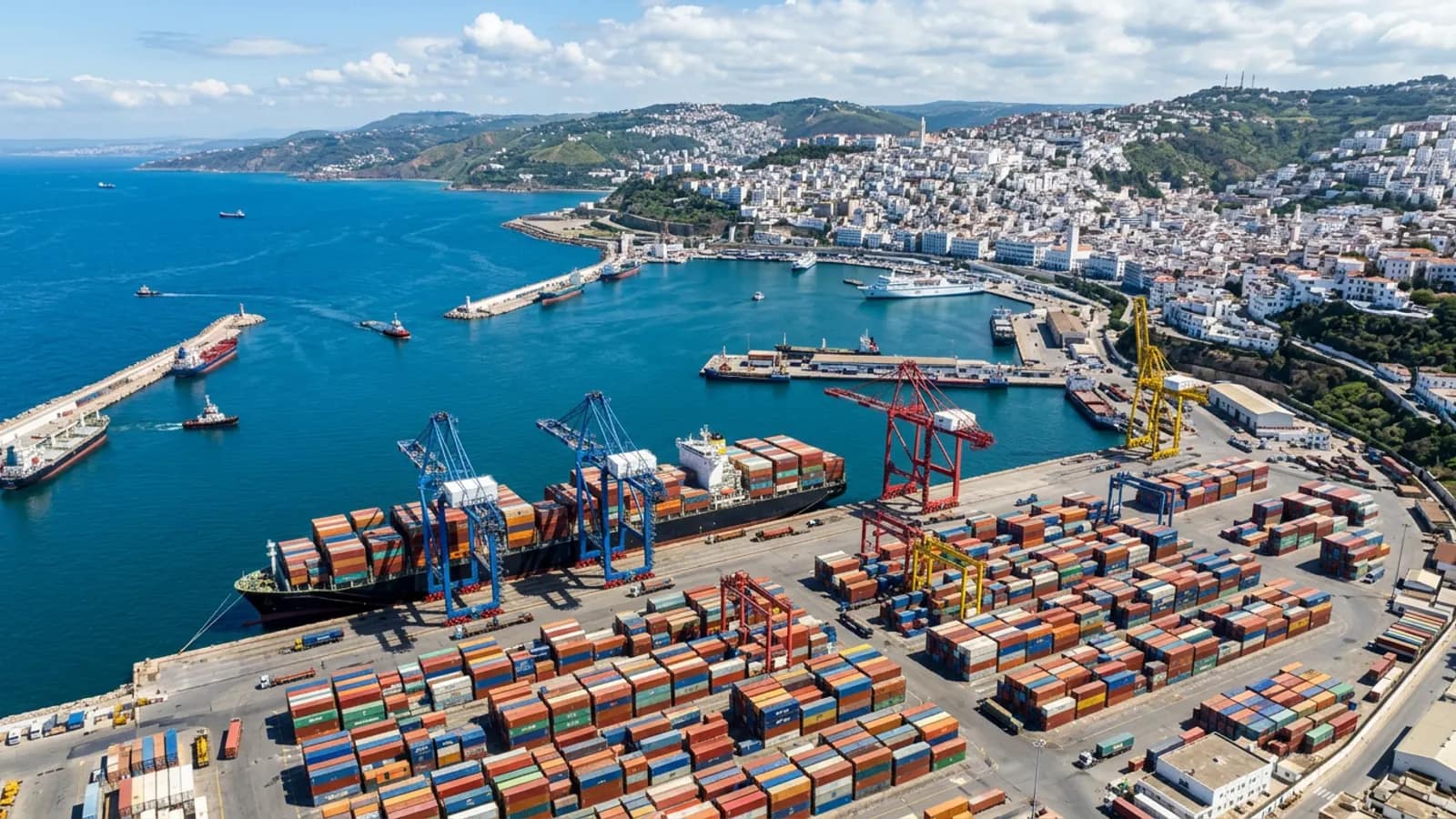 Container port on a Mediterranean bay, cranes working a container ship, with a white city built on the hillsides behind