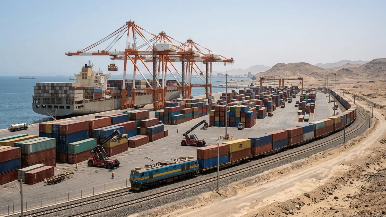 Container terminal beside dry mountains on the Red Sea coast, cranes unloading a ship, and a freight train loaded with containers on the terminal railway
