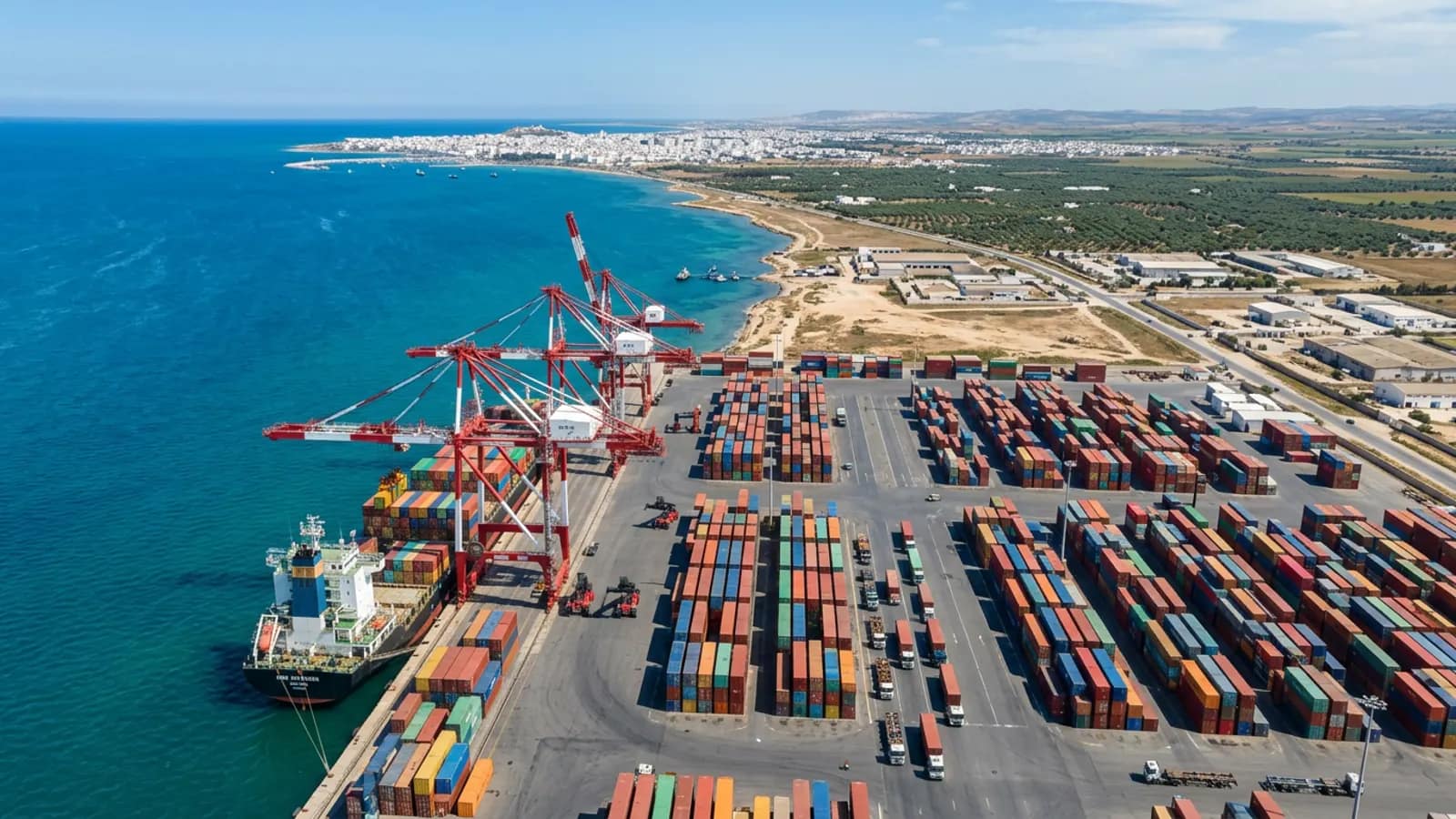 Container terminal on the Mediterranean coast, cranes working a container ship, with flat coastland and a city in the distance