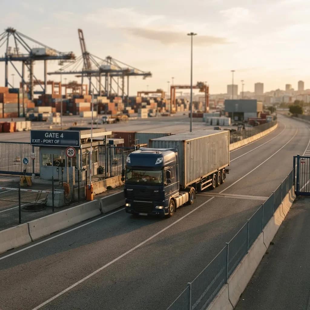 Container trucks leaving a port gate, sea freight from China to Tema, Ghana